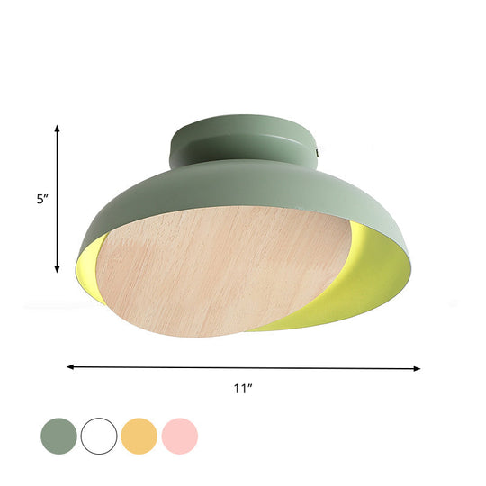 Ceiling Light With Mobile Wood Shield - Macaron Iron Flush Mount Led Yellow/Pink/Green Foyer