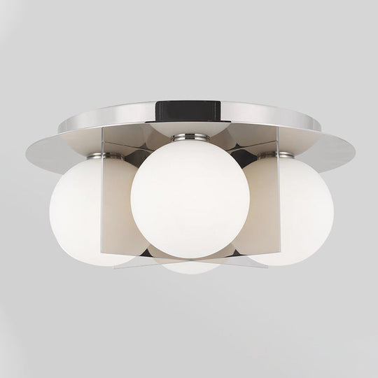 Postmodern Bedroom Ceiling Lamp: 3-Light Flush Mount With Black/Gold/Chrome Finish & Milky Glass