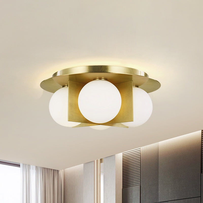Postmodern Bedroom Ceiling Lamp: 3 - Light Flush Mount With Black/Gold/Chrome Finish & Milky Glass