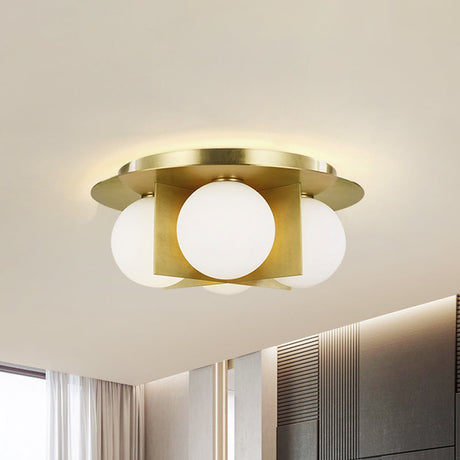 Postmodern Bedroom Ceiling Lamp: 3-Light Flush Mount With Black/Gold/Chrome Finish & Milky Glass