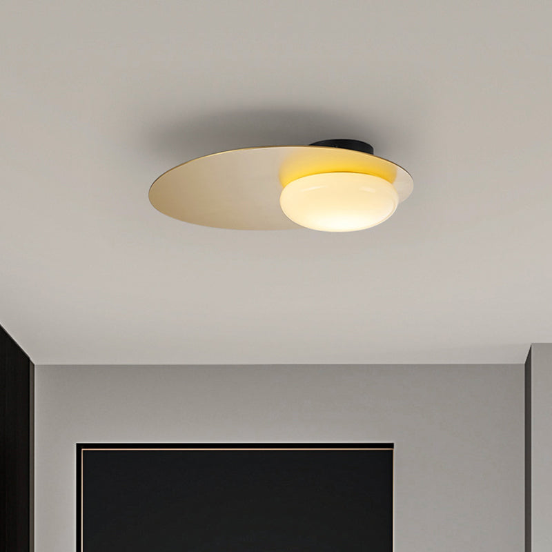 Modern Cream Glass Flush Mount Lamp: Designer 1 - Light Ceiling Fixture With Black/Brass Disk Top