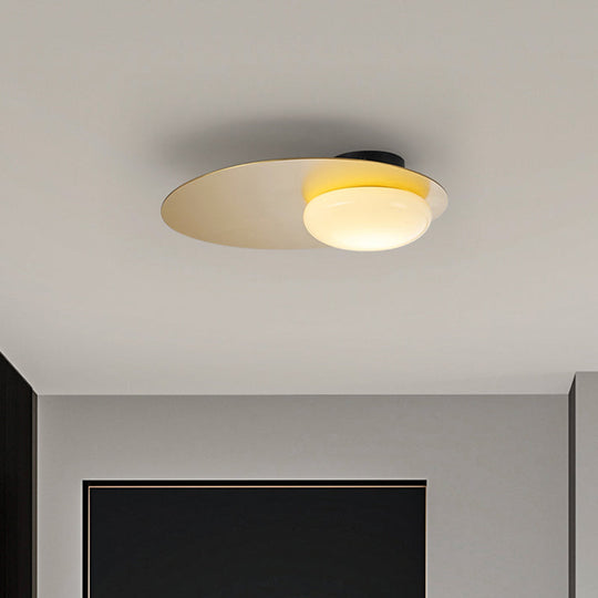 Modern Cream Glass Flush Mount Lamp: Designer 1 - Light Ceiling Fixture With Black/Brass Disk Top