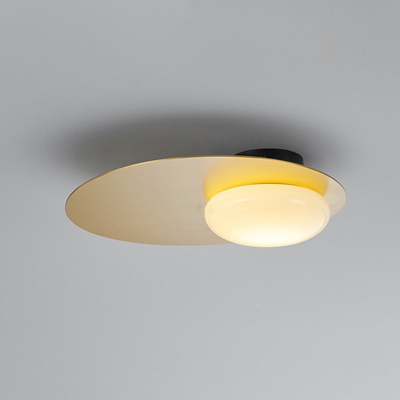 Modern Cream Glass Flush Mount Lamp: Designer 1 - Light Ceiling Fixture With Black/Brass Disk Top