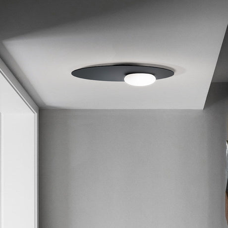 Modern Cream Glass Flush Mount Lamp: Designer 1-Light Ceiling Fixture With Black/Brass Disk Top