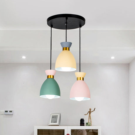Macaron Cluster Pendant Light - Green-Yellow-Pink Cup Hanging Fixture Aluminum Shade Set Of 3 Lights