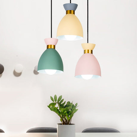 Macaron Cluster Pendant Light - Green-Yellow-Pink Cup Hanging Fixture Aluminum Shade Set Of 3 Lights