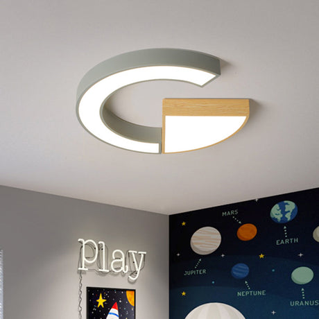 Geometric Ceiling Flush Mount Iron Green/Grey And Wood Led Lighting For Nursery