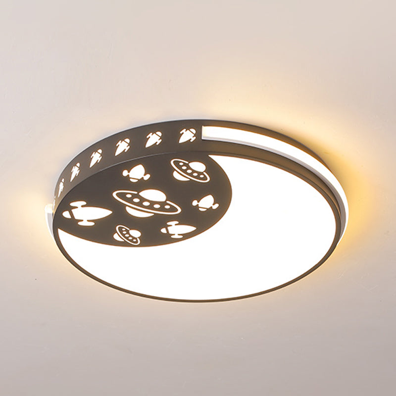 Crescent Led Flush Mount Kids Acrylic Ceiling Lamp In Blue/Black/Pink Outer Space Design For Child