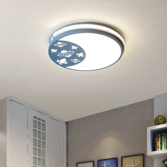 Crescent Led Flush Mount Kids Acrylic Ceiling Lamp In Blue/Black/Pink Outer Space Design For Child