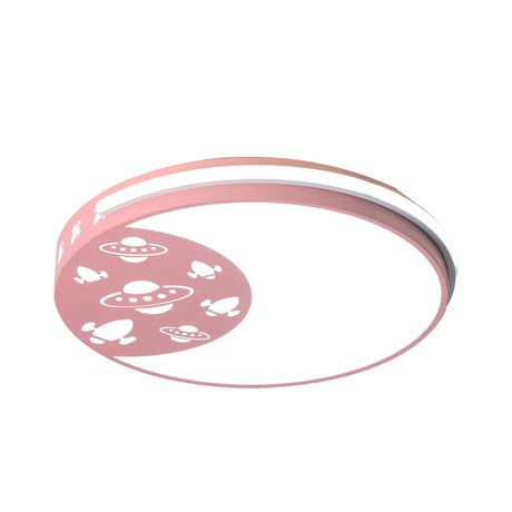 Crescent Led Flush Mount Kids Acrylic Ceiling Lamp In Blue/Black/Pink Outer Space Design For Child