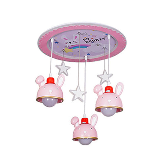 Fun Bunny Ceiling Lamp With Pink Dome Shade - Resin 3 Bulbs Cartoon Flush Mount