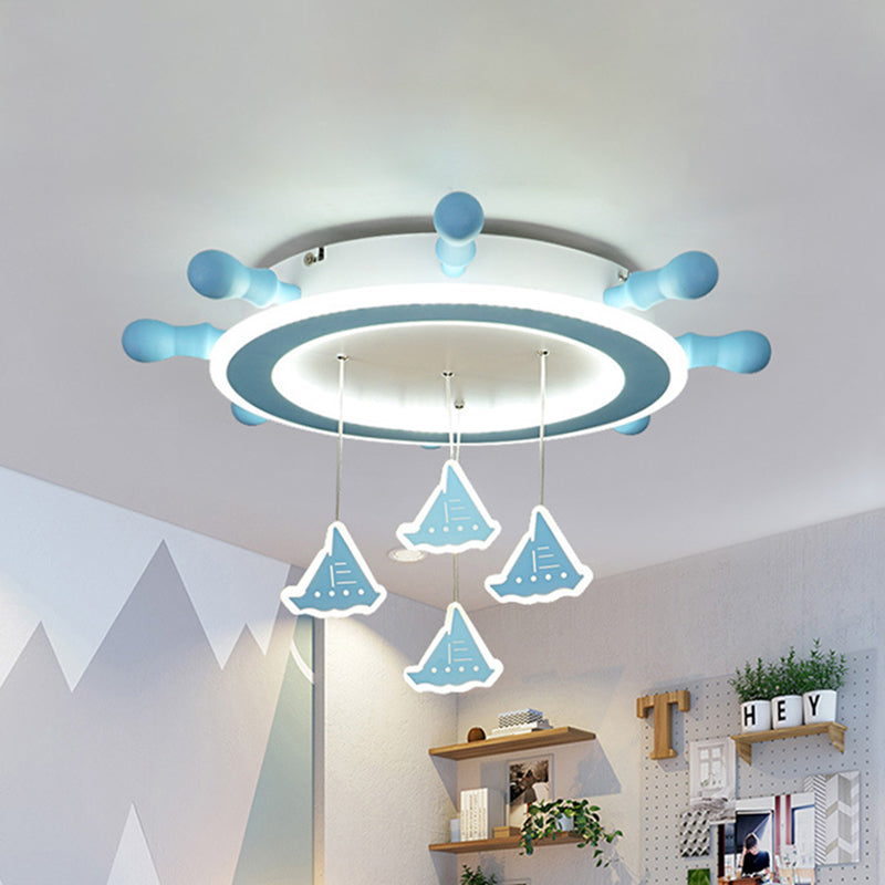 Marine Steering Wheel Flush Light: Kids Room Ceiling Mount Fixture With Sailing Boat Design - Sky