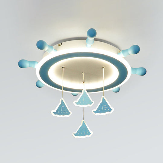 Marine Steering Wheel Flush Light: Kids Room Ceiling Mount Fixture With Sailing Boat Design - Sky