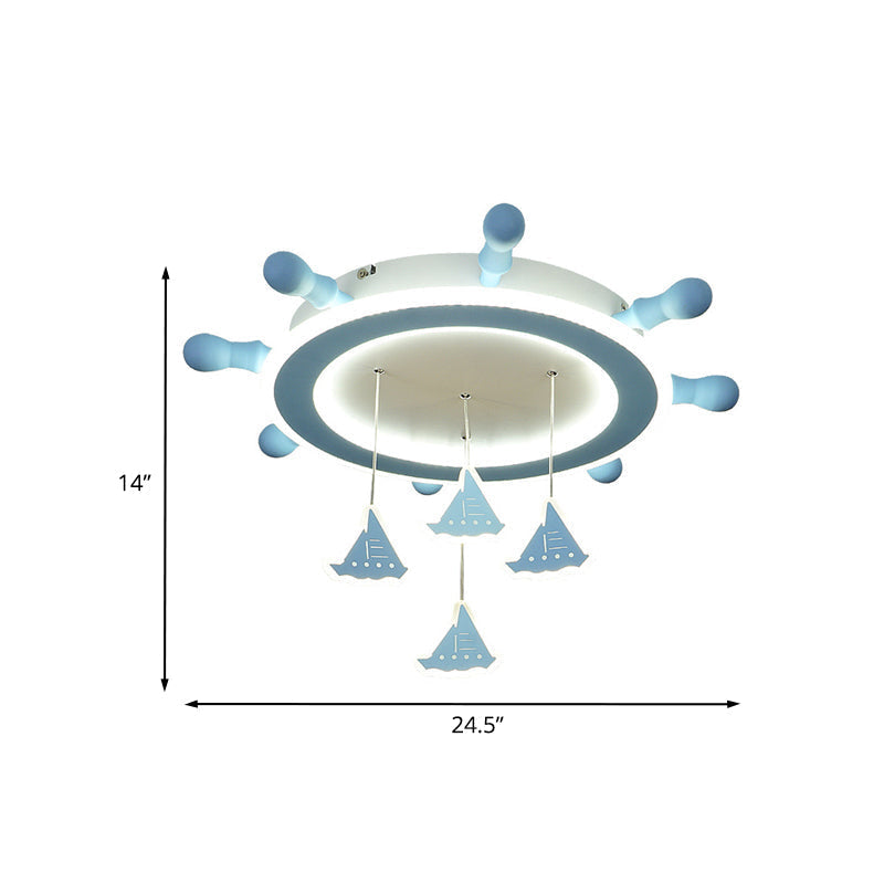 Marine Steering Wheel Flush Light: Kid’s Room Ceiling Mount Fixture With Sailing Boat Design -
