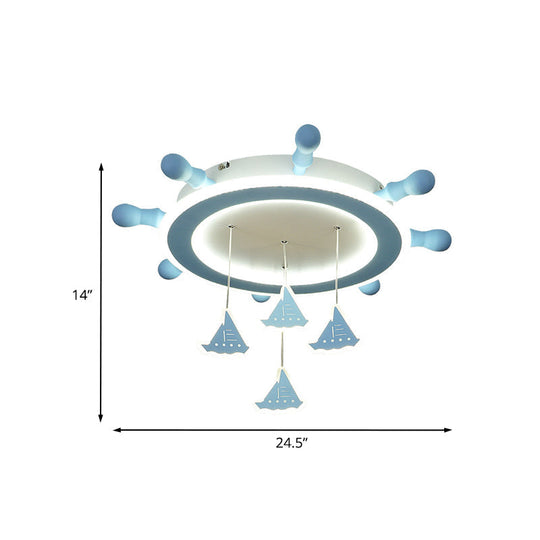 Marine Steering Wheel Flush Light: Kids Room Ceiling Mount Fixture With Sailing Boat Design - Sky