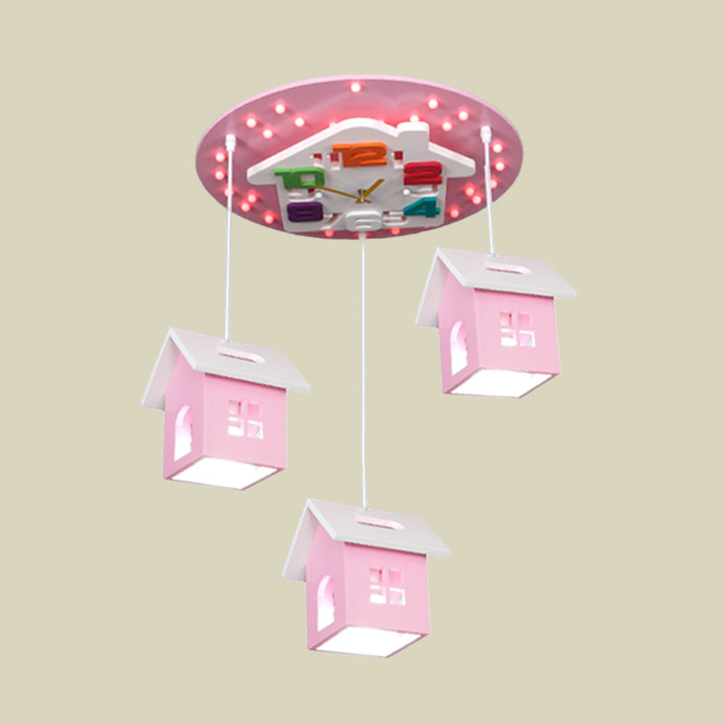 Cartoon 3-Bulb Wood Draping House Ceiling Light Fixture In Pink/Blue