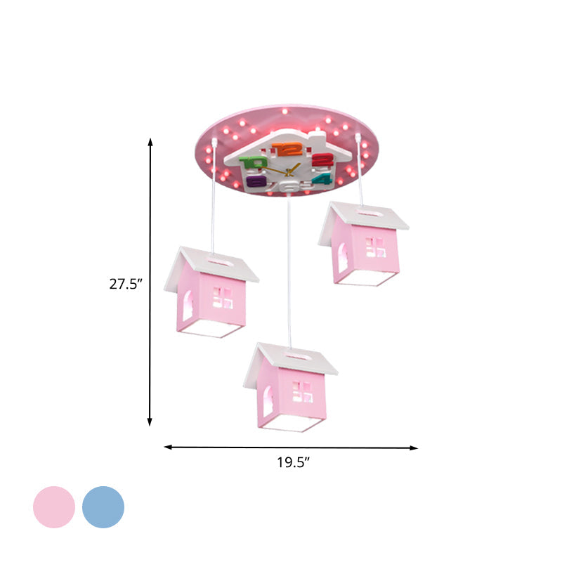 Cartoon 3-Bulb Wood Draping House Ceiling Light Fixture In Pink/Blue