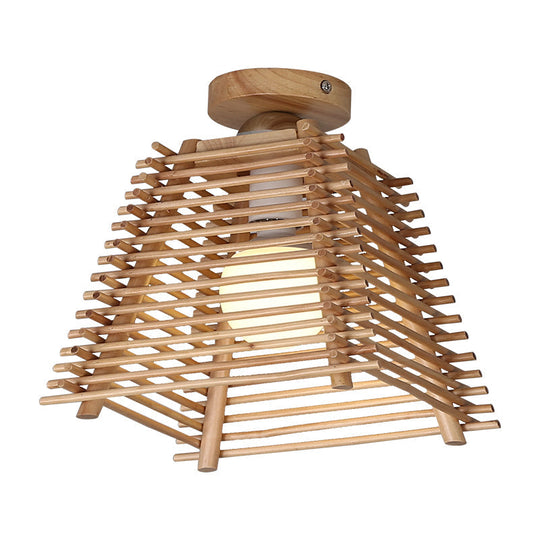 Sleek Japanese Bamboo Ceiling Lamp With Trapezoid Semi Mount And 1 - Bulb Flush Design For Hallway