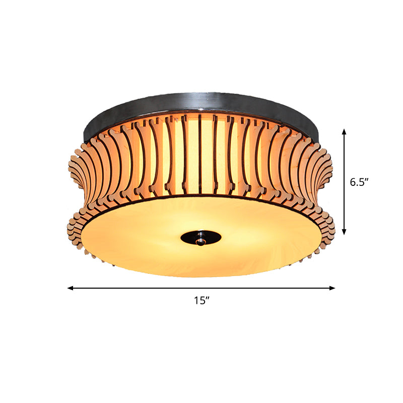 Contemporary Wood Drum Flushmount Lighting With 3 Beige Heads - Ceiling Flush Mount Lamp