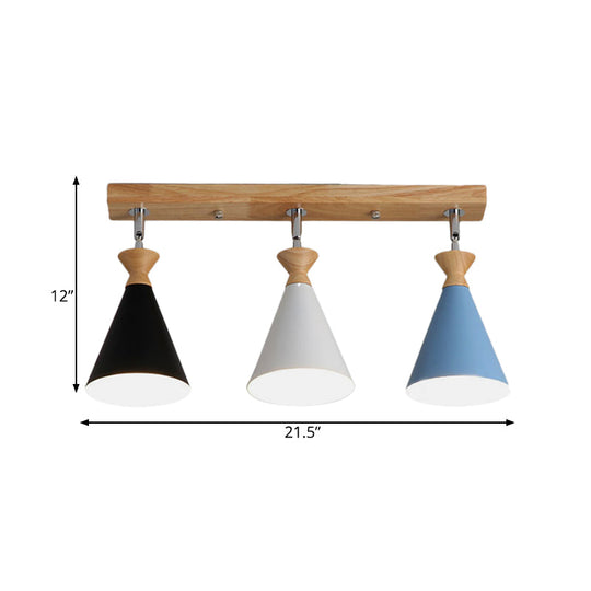 Macaron Black - White - Blue & Wood Semi Flush Lamp - 3 Heads Living Room Ceiling Light