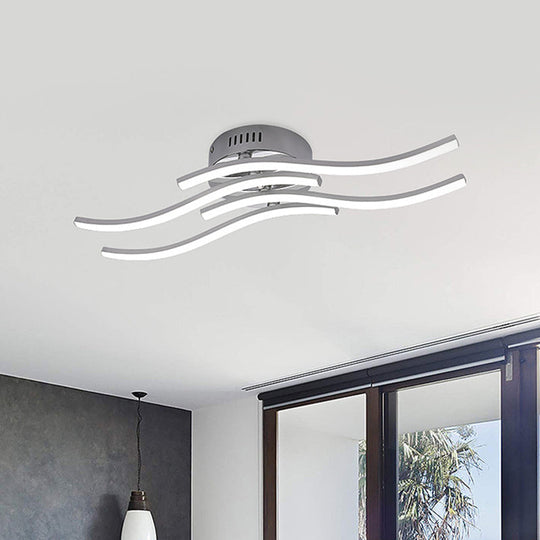 Sleek Nickel Finish 4 - Wavy Linear Semi Flush Mount Led Ceiling Light For Bedroom - Warm/White
