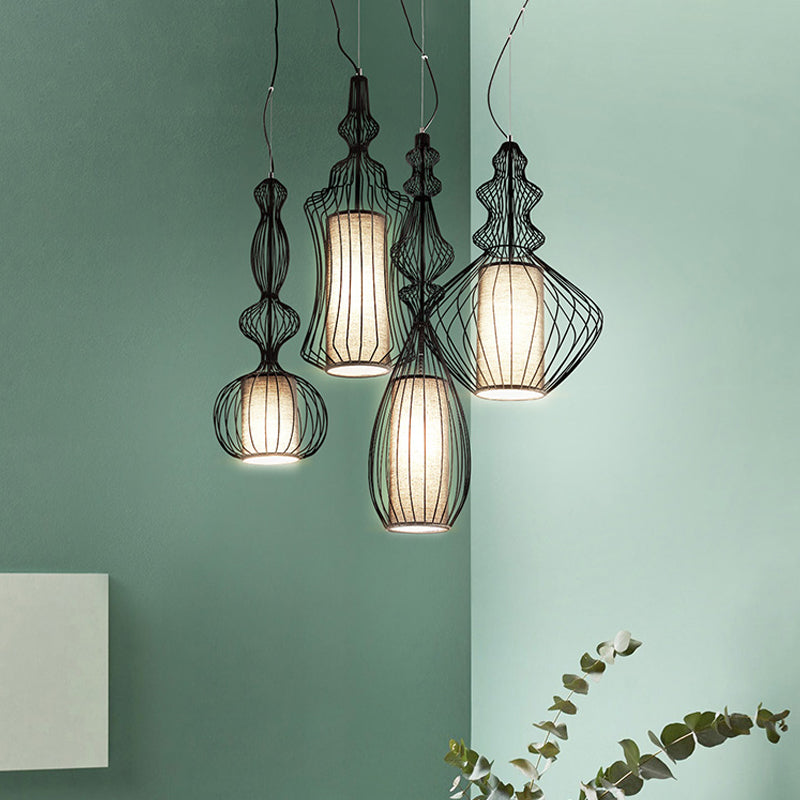 Industrial Black Wire Pendant Light With Fabric Shade - 1 Dining Room Fixture
