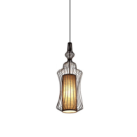 Vintage Black Cage Pendant Lamp With Fabric Shade - Industrial Design For Dining Room Lighting / B