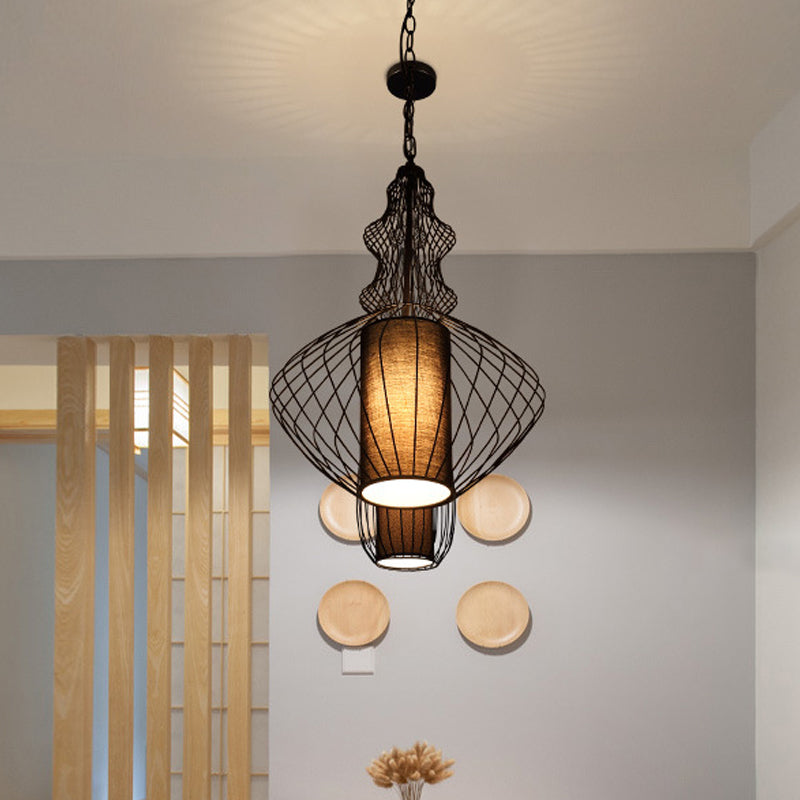 Industrial Black Wire Pendant Light With Fabric Shade - 1 Dining Room Fixture