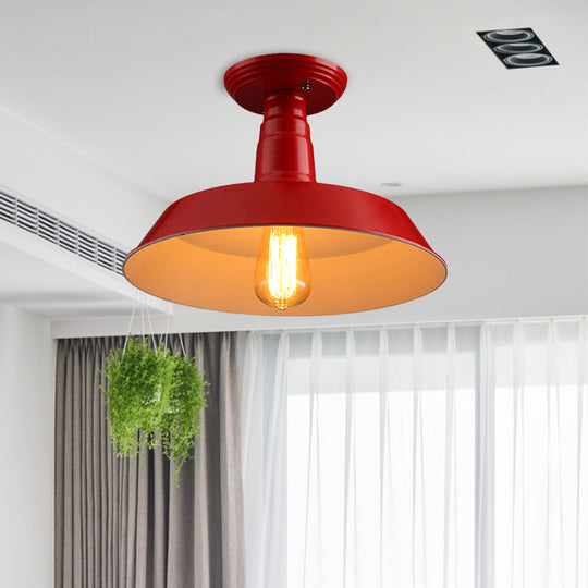 Black/Red Industrial Style Semi Flush Ceiling Light Fixture For Corridor - Metallic Barn Shade