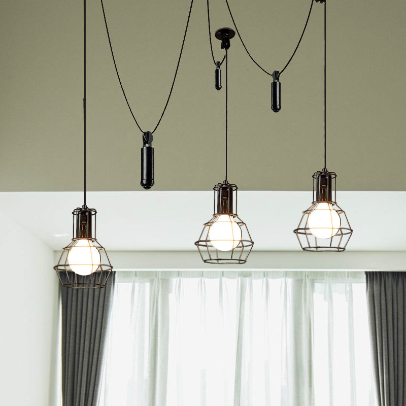 Farmhouse Black Metallic Pendant Light Fixture With Swag Design - 3/5/8 Head Caged Hanging Lamp