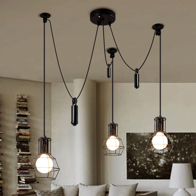 Farmhouse Black Metallic Pendant Light Fixture With Swag Design - 3/5/8 Head Caged Hanging Lamp