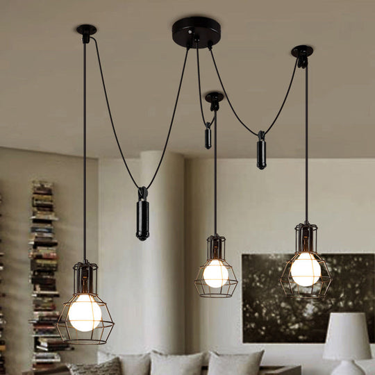Farmhouse Black Metallic Pendant Light Fixture With Swag Design - 3/5/8 Head Caged Hanging Lamp