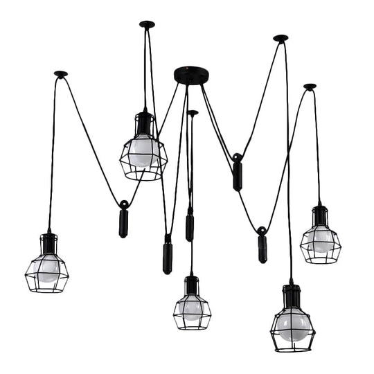 Farmhouse Black Metallic Pendant Light Fixture With Swag Design - 3/5/8 Head Caged Hanging Lamp