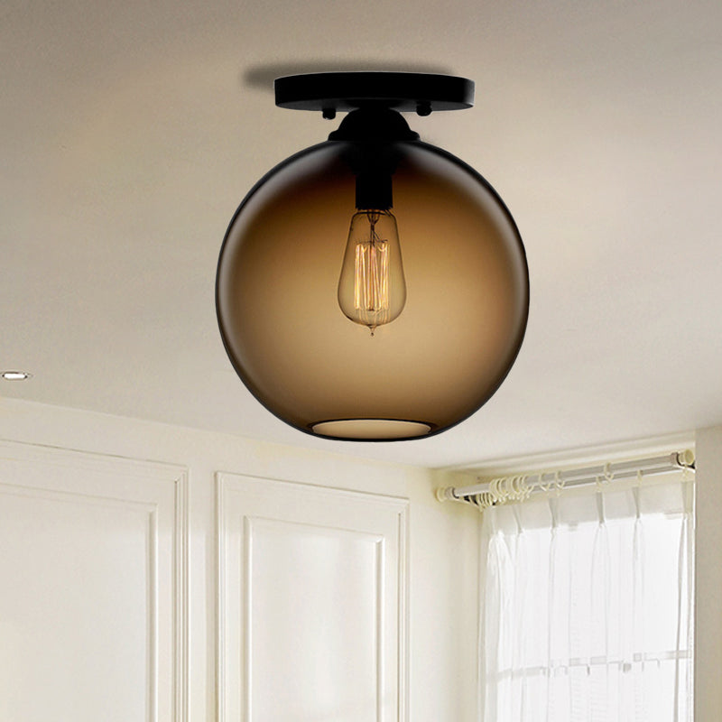 Industrial Style Semi-Flush Ceiling Light With Globe Shade In Red/Brown/Blue Glass For Dining Room