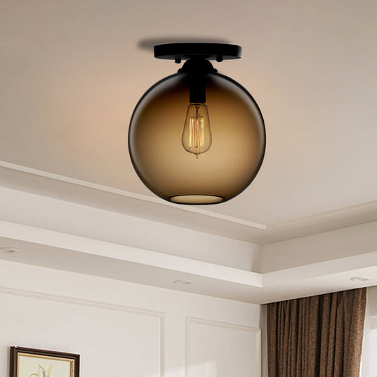 Industrial Style Semi-Flush Ceiling Light With Globe Shade In Red/Brown/Blue Glass For Dining Room
