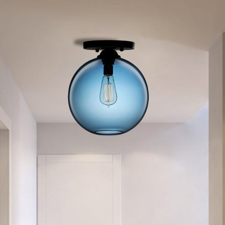 Industrial Style Semi-Flush Ceiling Light With Globe Shade In Red/Brown/Blue Glass For Dining Room