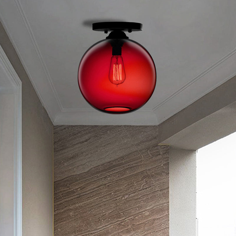 Industrial Style Semi-Flush Ceiling Light With Globe Shade In Red/Brown/Blue Glass For Dining Room