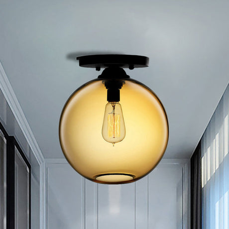 Industrial Style Semi-Flush Ceiling Light With Globe Shade In Red/Brown/Blue Glass For Dining Room