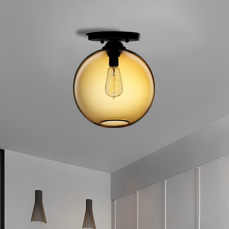 Industrial Style Semi-Flush Ceiling Light With Globe Shade In Red/Brown/Blue Glass For Dining Room