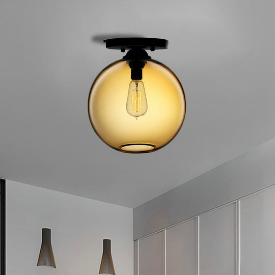 Industrial Style Semi-Flush Ceiling Light With Globe Shade In Red/Brown/Blue Glass For Dining Room