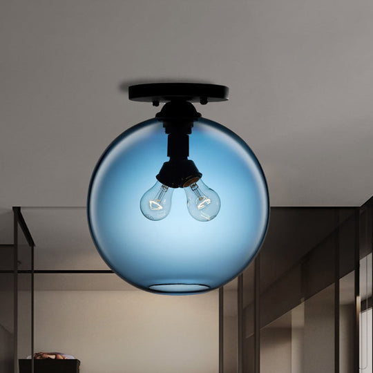 Industrial Style Semi-Flush Ceiling Light With Globe Shade In Red/Brown/Blue Glass For Dining Room