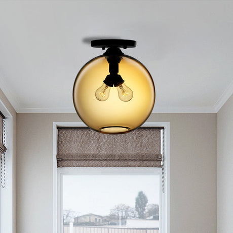 Industrial Style Semi-Flush Ceiling Light With Globe Shade In Red/Brown/Blue Glass For Dining Room