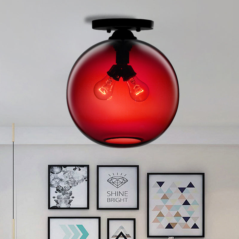 Industrial Style Semi-Flush Ceiling Light With Globe Shade In Red/Brown/Blue Glass For Dining Room