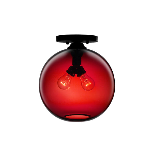 Industrial Style Semi-Flush Ceiling Light With Globe Shade In Red/Brown/Blue Glass For Dining Room