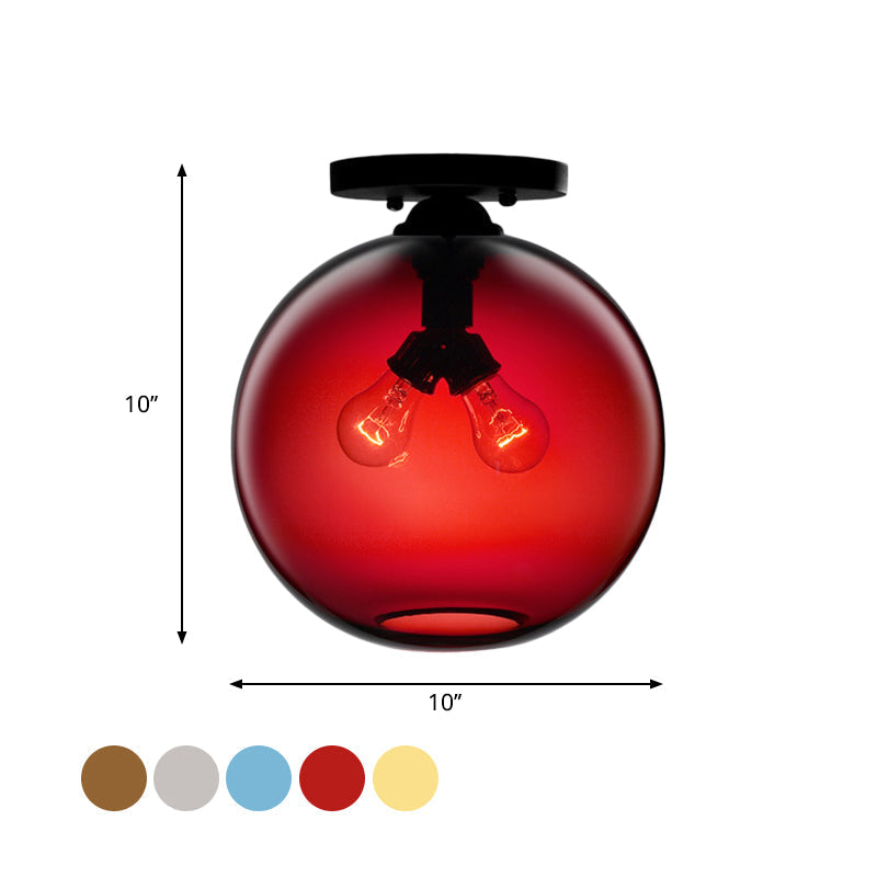 Industrial Style Semi-Flush Ceiling Light With Globe Shade In Red/Brown/Blue Glass For Dining Room