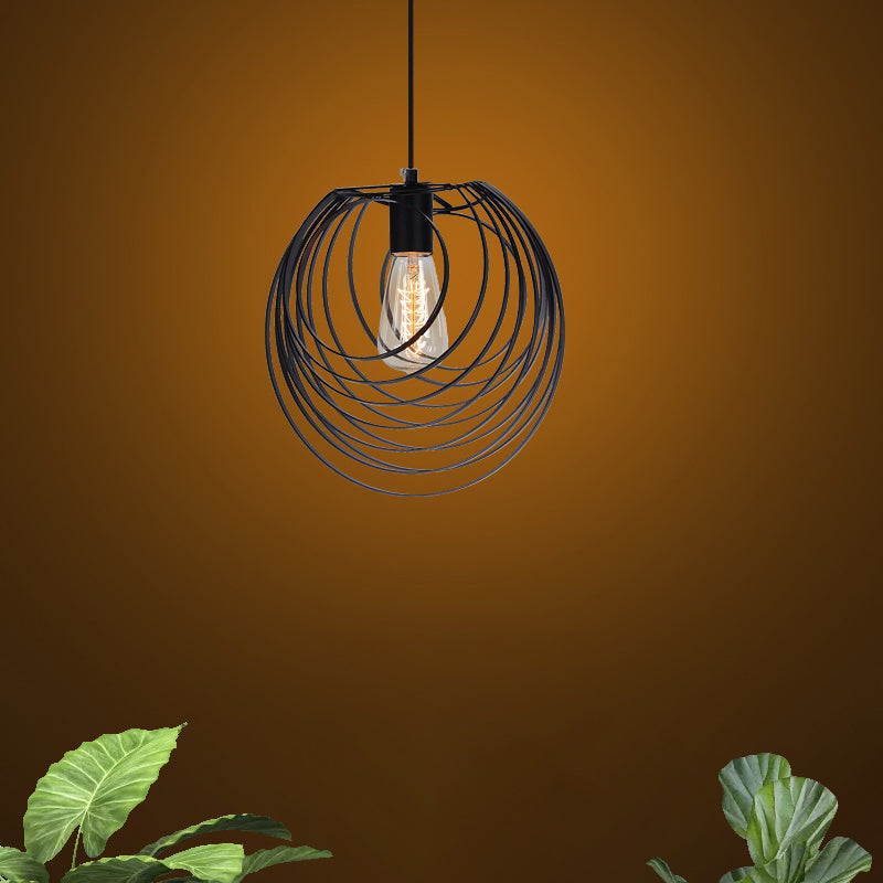 Wire Frame Industrial Pendant Light - Minimalist Black Metal Hanging Lamp For Living Room