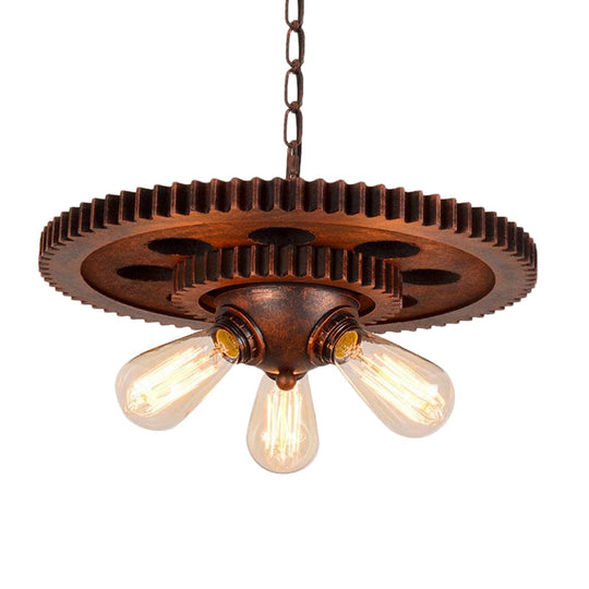 Rustic Weathered Copper Chandelier With Open Bulb And Gear Design – Perfect For Retro Restaurant
