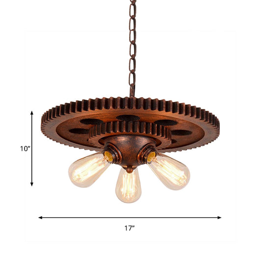 Rustic Weathered Copper Chandelier With Open Bulb And Gear Design – Perfect For Retro Restaurant