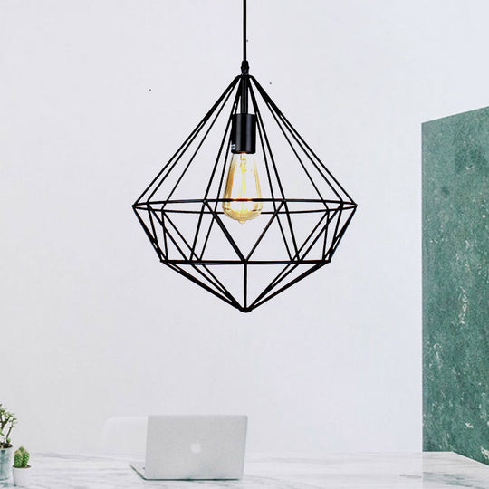 Industrial Faceted Cage Metal Pendant Ceiling Light In Black For Living Room - 1 Bulb