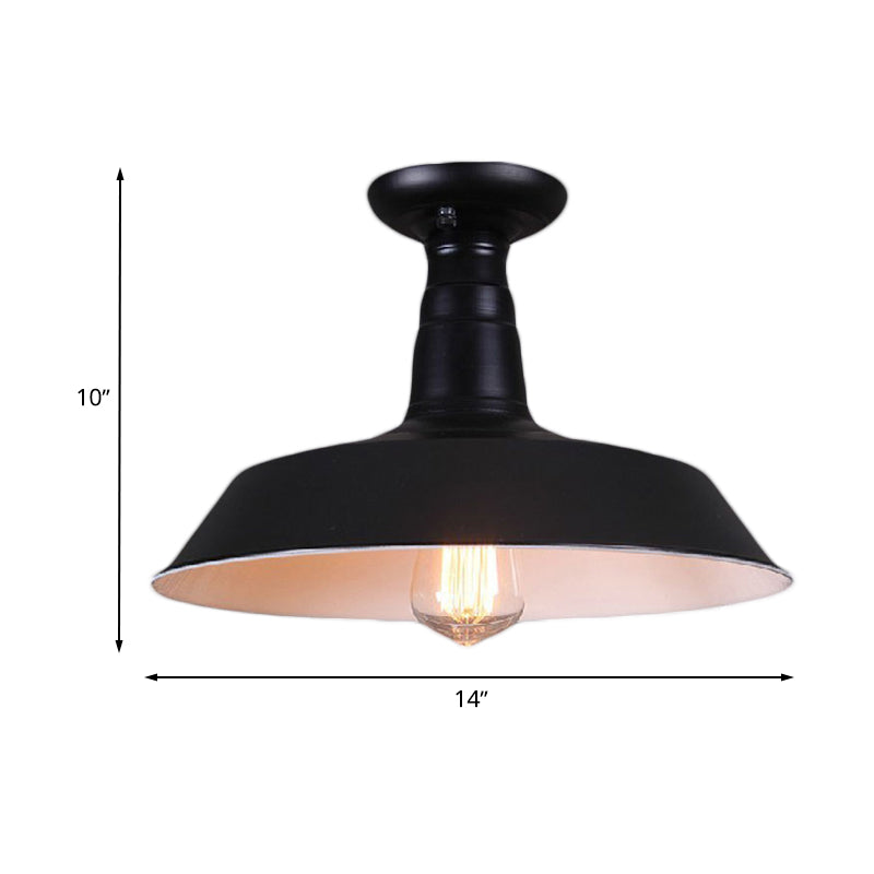 Industrial Barn Semi-Flush Mount Ceiling Light In Black - 10’/14’ Diameter 1 Bulb Metallic Shade